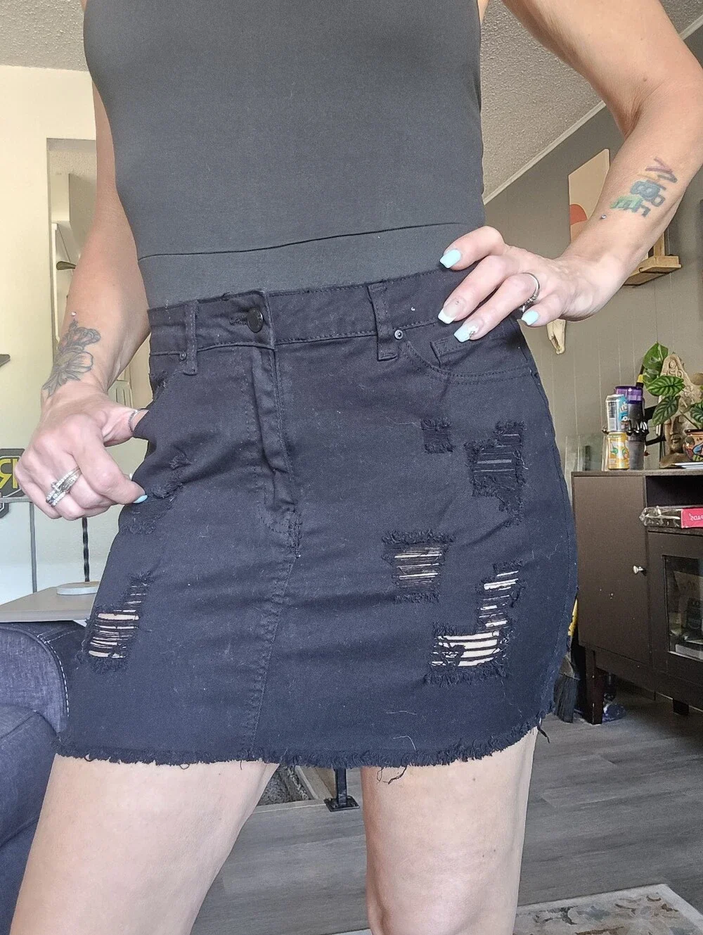 Wax Jeans.Black Distressed Denim Mini Skirt - Women's Fashion